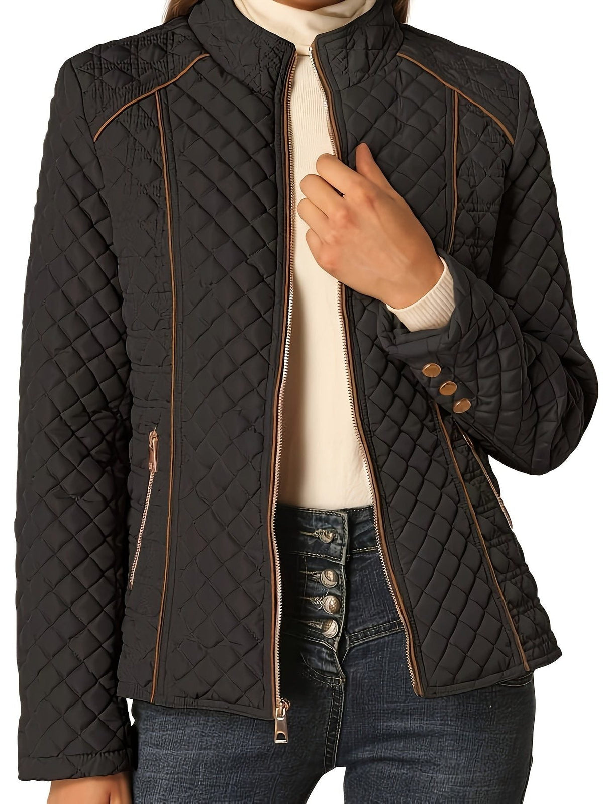 Quilted Jacket with Stand Collar and Zip for Women