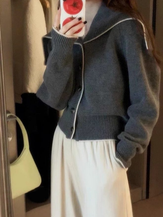 Ribbed Knit Cardigan with Oversized Sailor Collar for Women