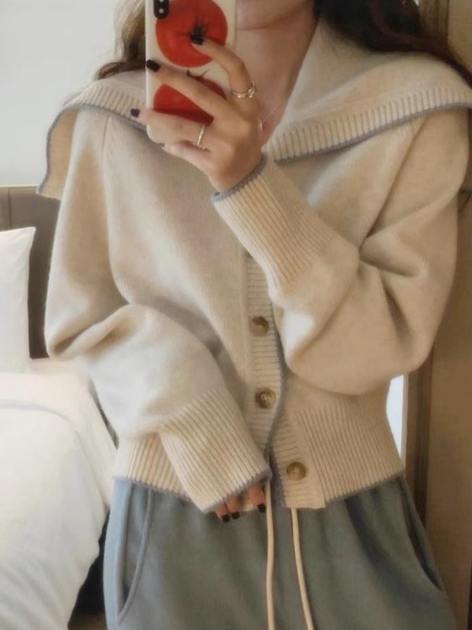 Ribbed Knit Cardigan with Oversized Sailor Collar for Women