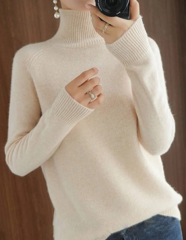 Merino Wool Ribbed Knit Sweater with Roll Neck for Women
