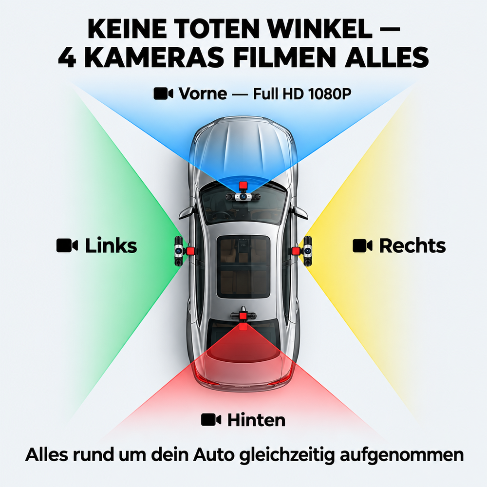 360° Dash Cam with 4 Cameras, GPS Timestamp and Night Vision