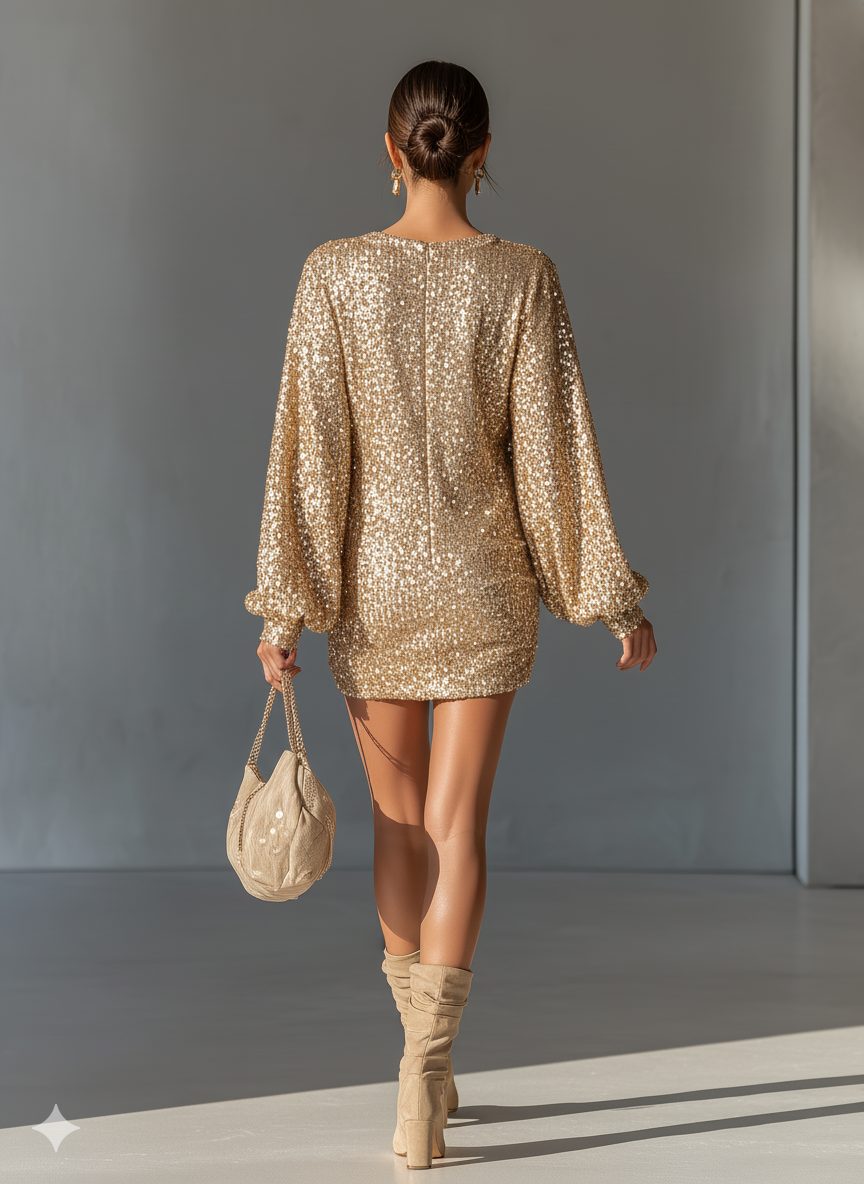 Sequin Mini Dress with Lantern Sleeves for Women