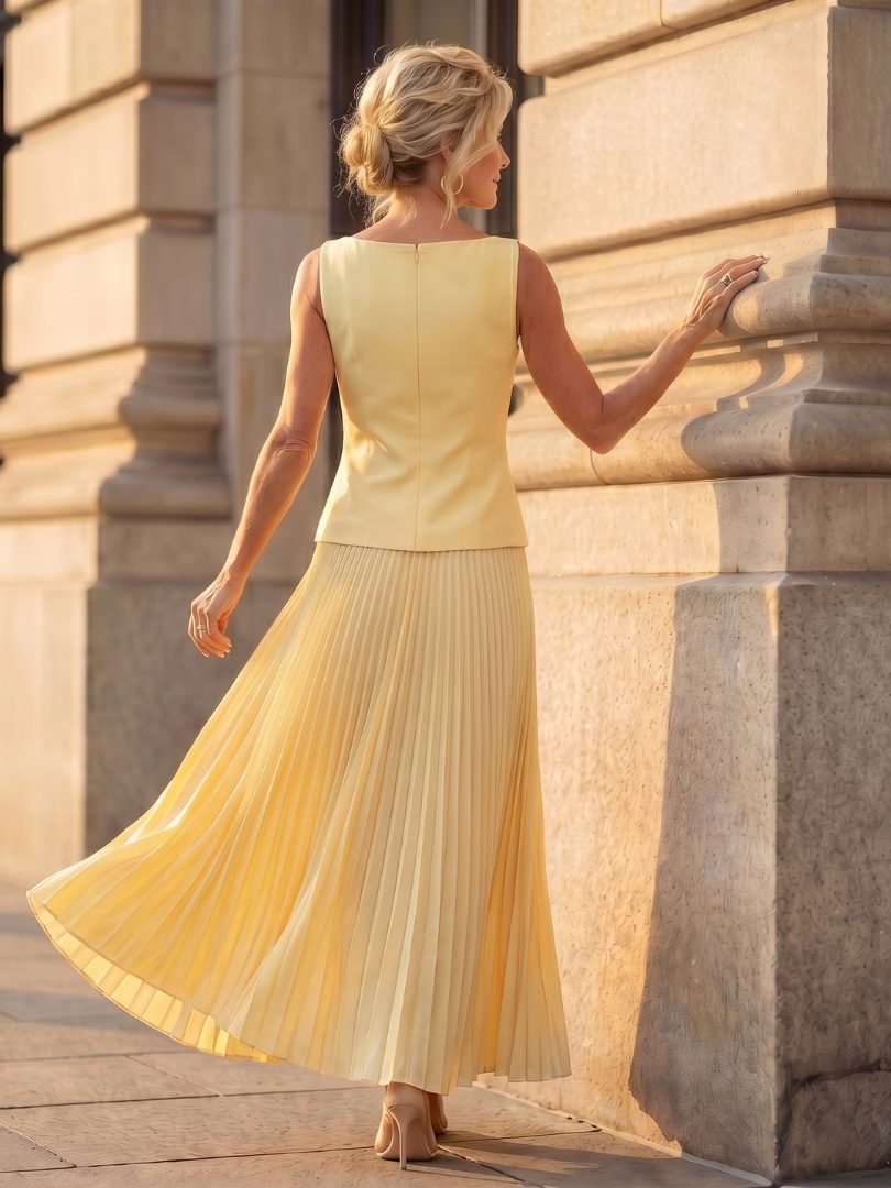 Pleated Midi Skirt Set with Structured Bodice for Women