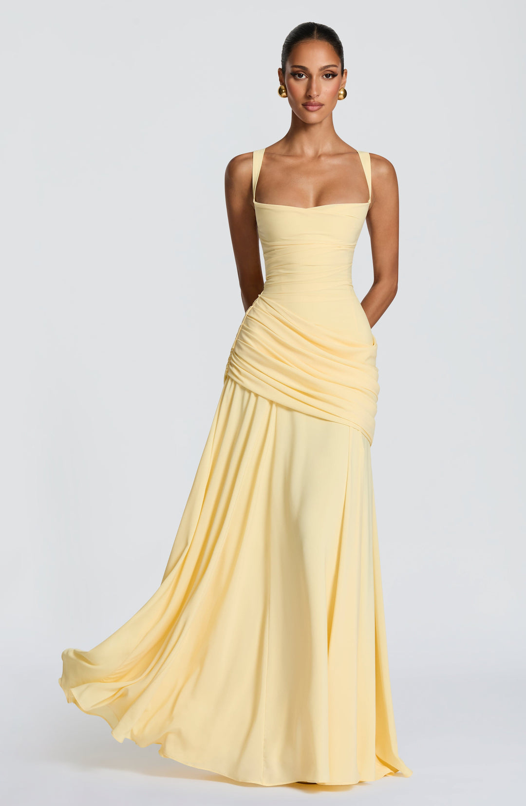 Destiny Chiffon Maxi Dress with Waterfall Neckline and Lace-Up Back
