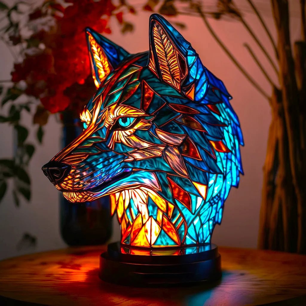 Vintage Stained Glass Animal Table Lamp with Mosaic Panels