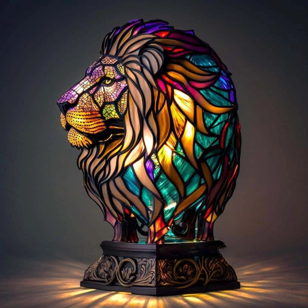 Vintage Stained Glass Animal Table Lamp with Mosaic Panels