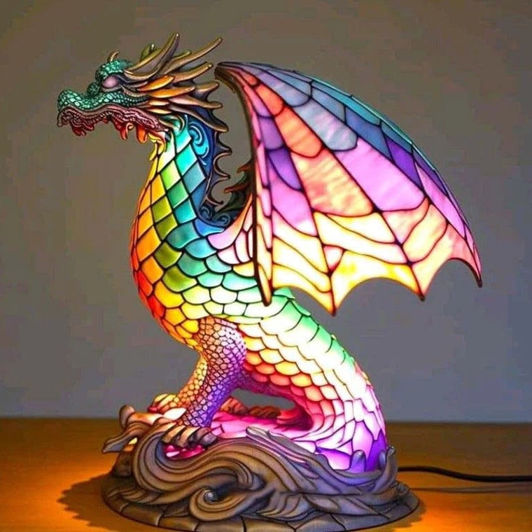 Vintage Stained Glass Animal Table Lamp with Mosaic Panels