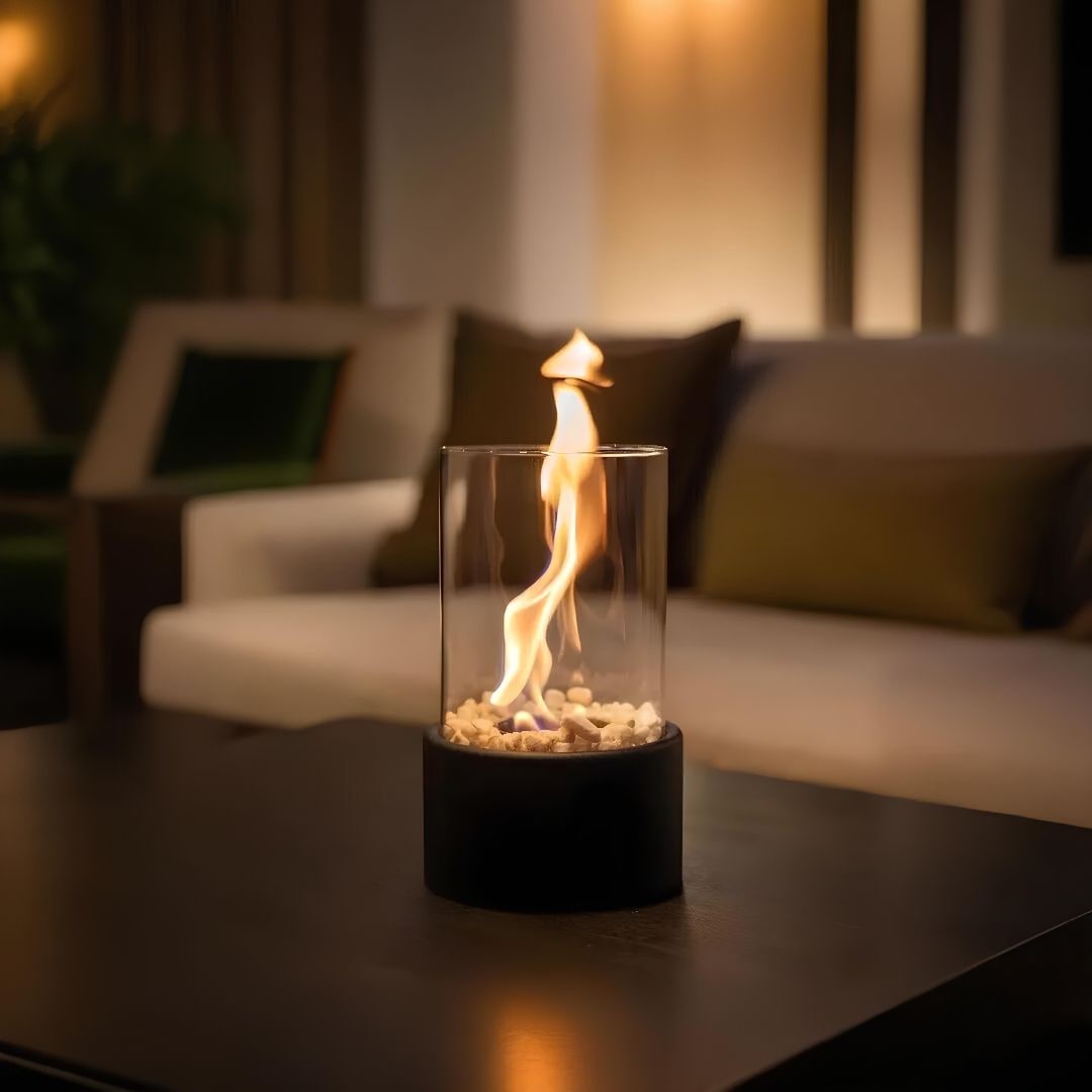 Tabletop Fire Pit Fireplace Bioethanol Glass Cylinder Pebbles Portable Ethanol