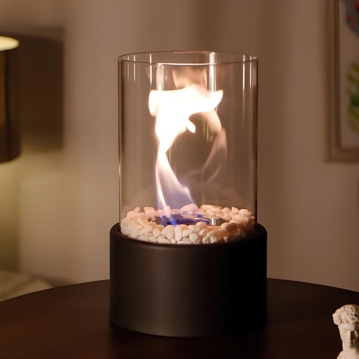 Tabletop Fire Pit Fireplace Bioethanol Glass Cylinder Pebbles Portable Ethanol