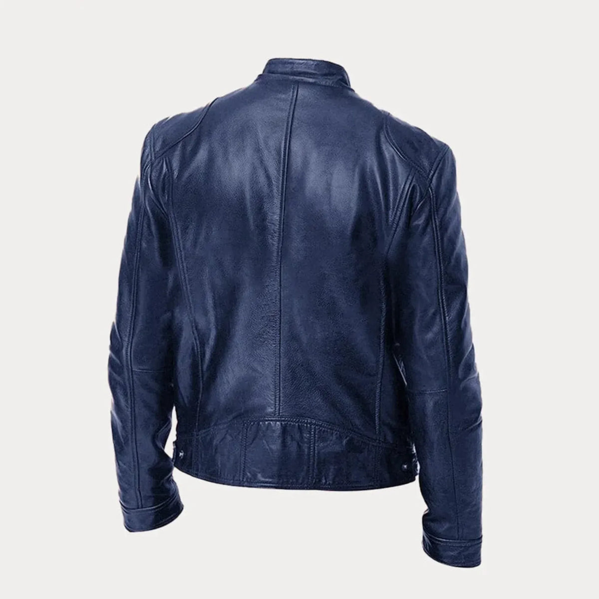Women's black leather zip-front moto jacket with band-collar zip-pocket