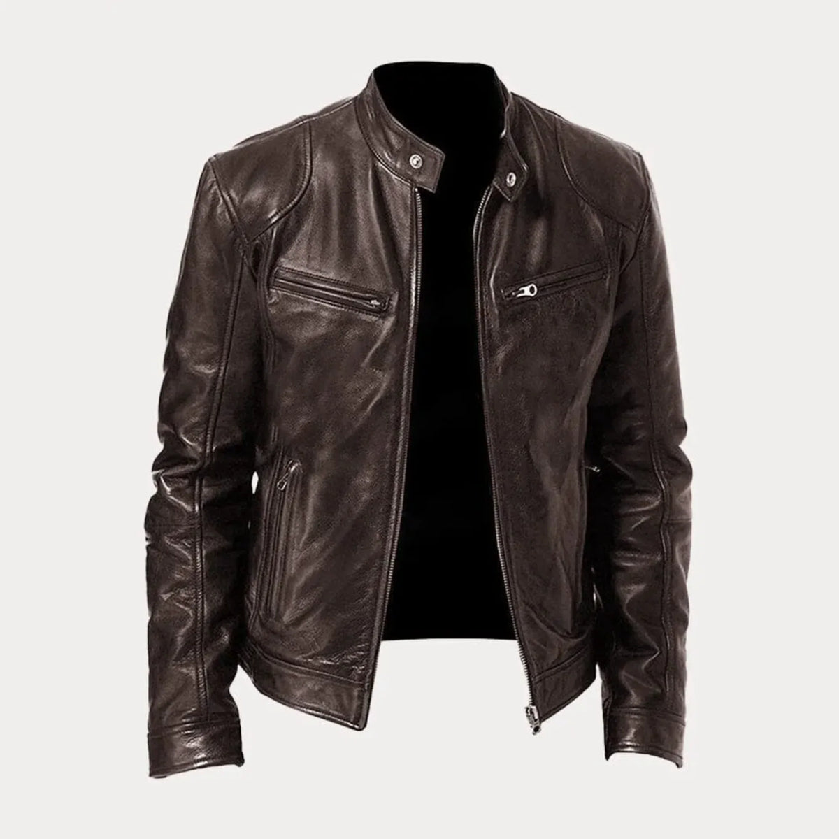 Women's black leather zip-front moto jacket with band-collar zip-pocket