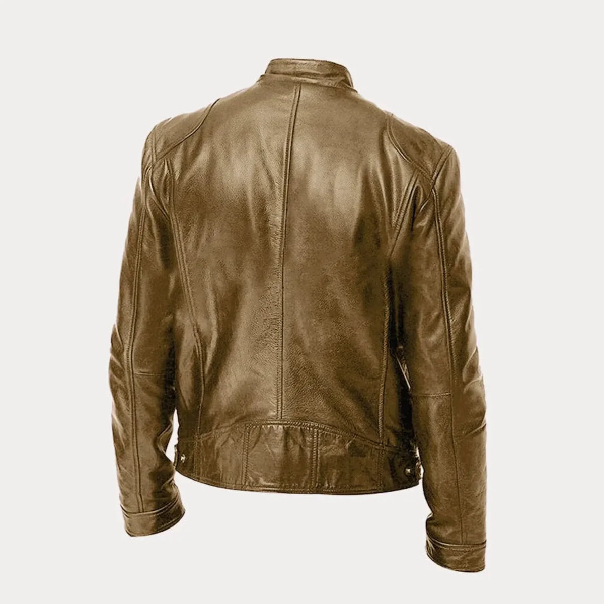 Women's black leather zip-front moto jacket with band-collar zip-pocket
