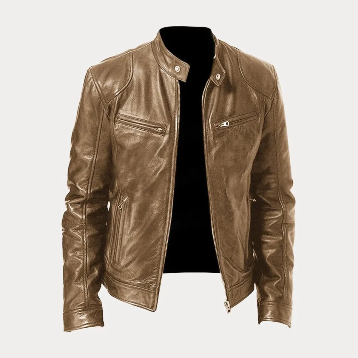 Women's black leather zip-front moto jacket with band-collar zip-pocket