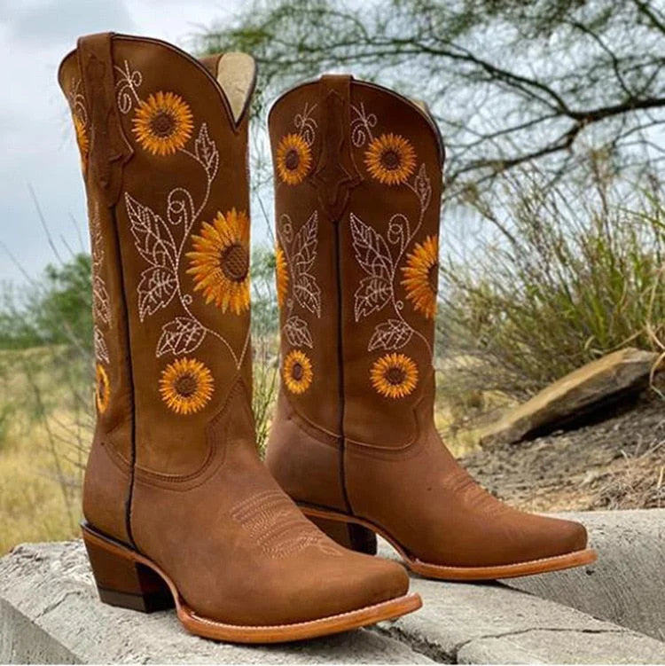 Women's bohemian sunflower-embroidered western leather boots