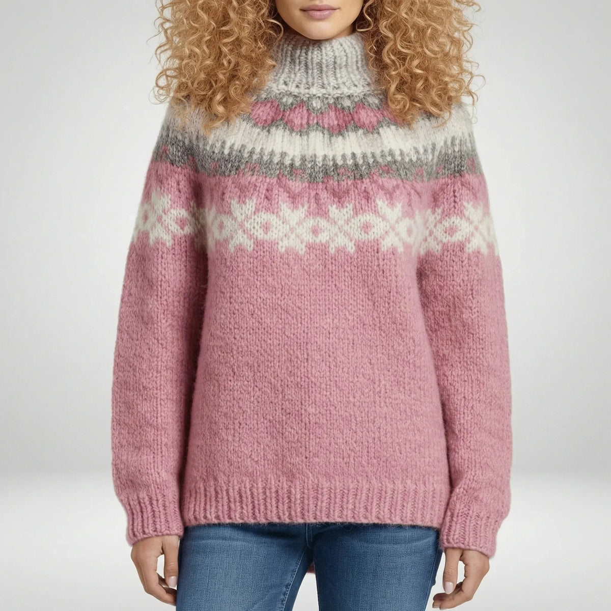 Women's knitted jumper fair isle stand collar relaxed fit