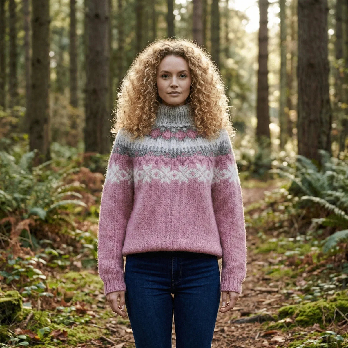 Women's knitted jumper fair isle stand collar relaxed fit