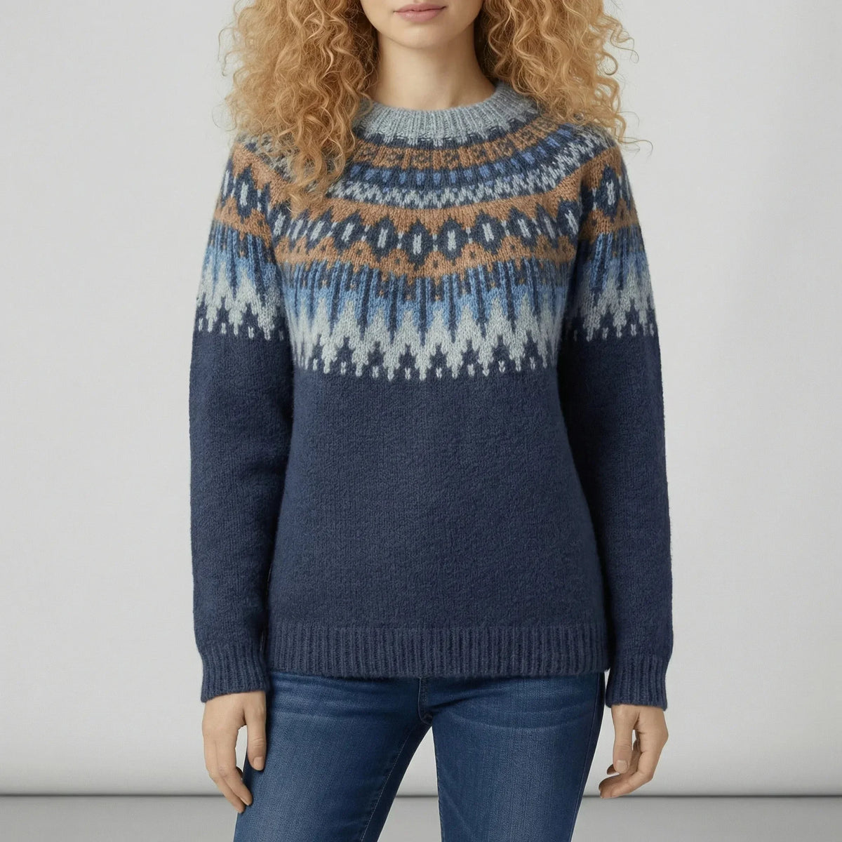 Women's knitted jumper fair isle stand collar relaxed fit