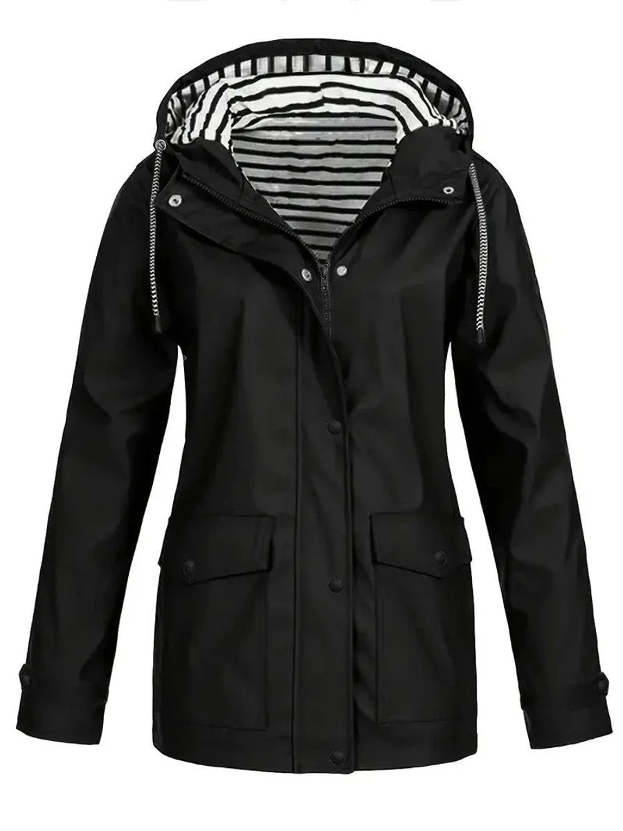 Women's Hooded Striped-Lined Zip-Up Waterproof Rain Coat
