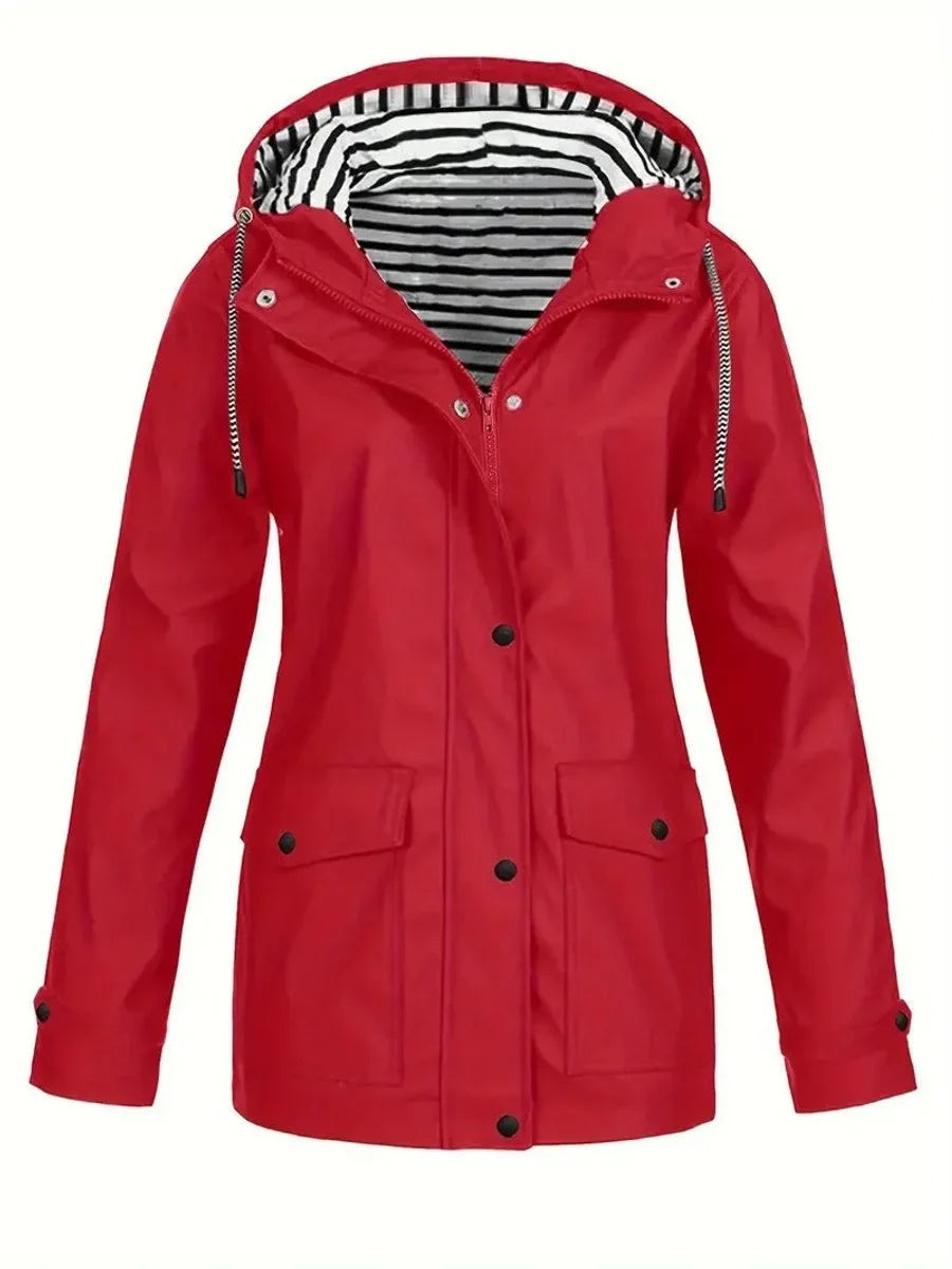 Women's Hooded Striped-Lined Zip-Up Waterproof Rain Coat