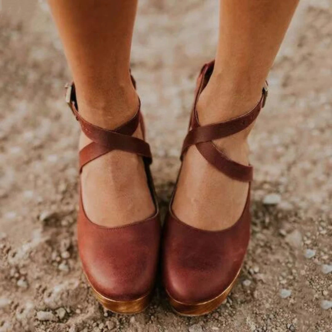 Women's leather closed-toe Mary-Jane platform wedge heels with ankle strap