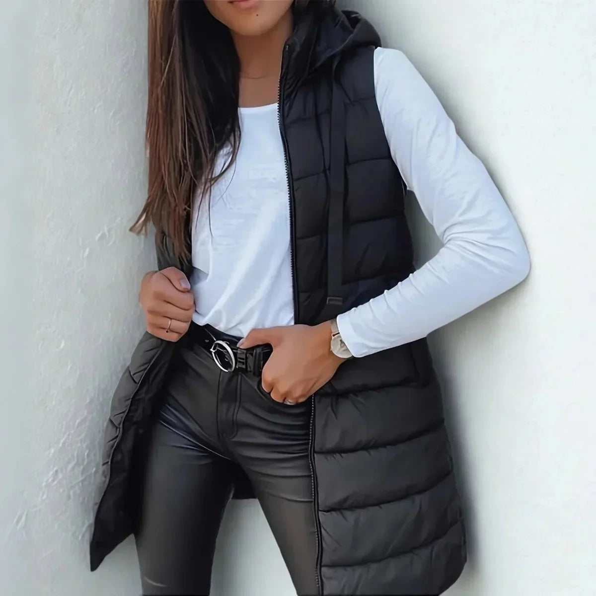 Longline Hooded Sleeveless Puffer Gilet