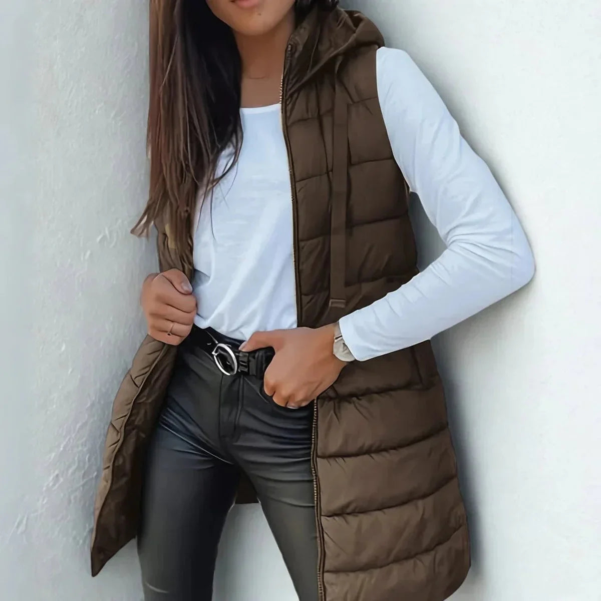 Longline Hooded Sleeveless Puffer Gilet