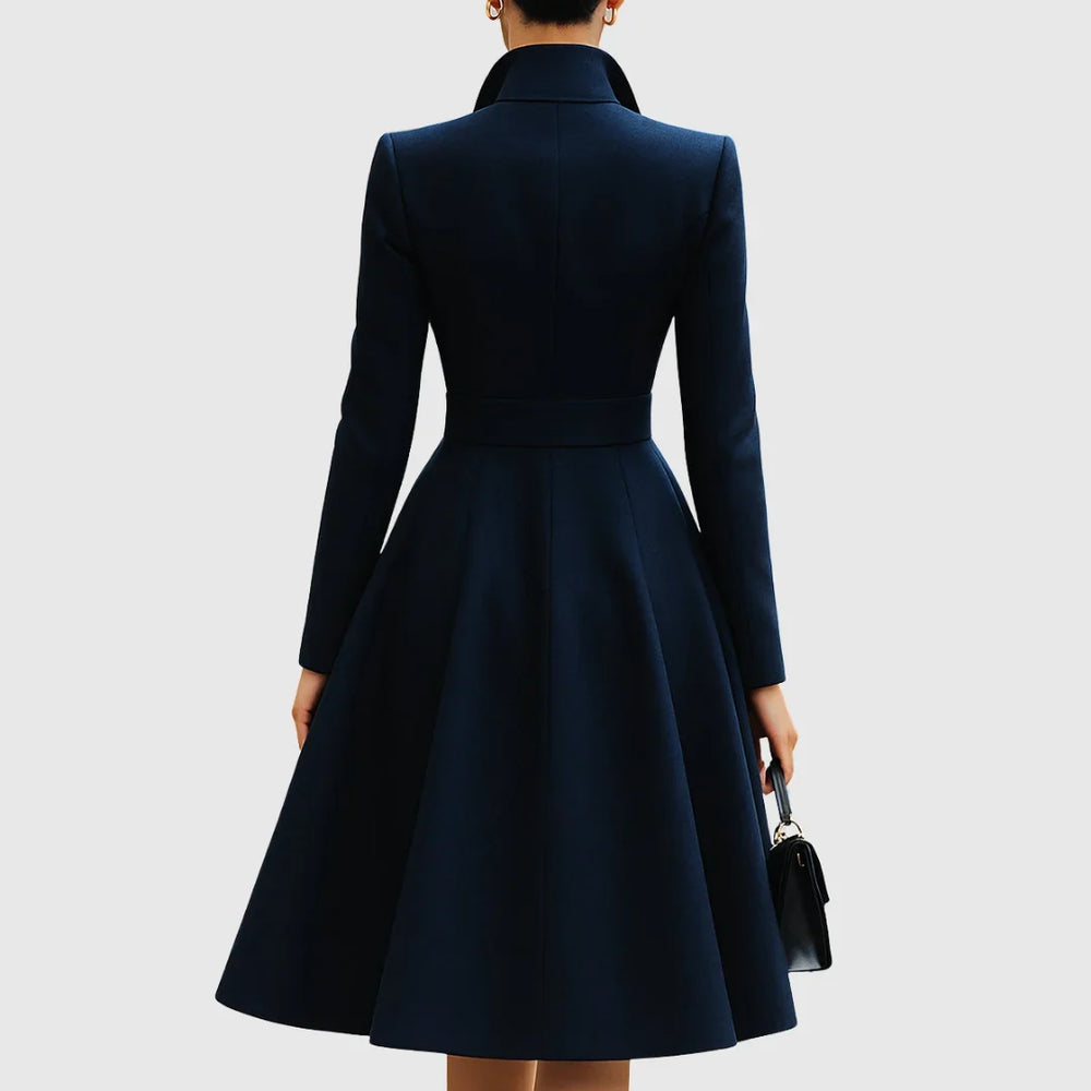 Women's navy tailored trench coat midi dress with V-neck and gold buttons