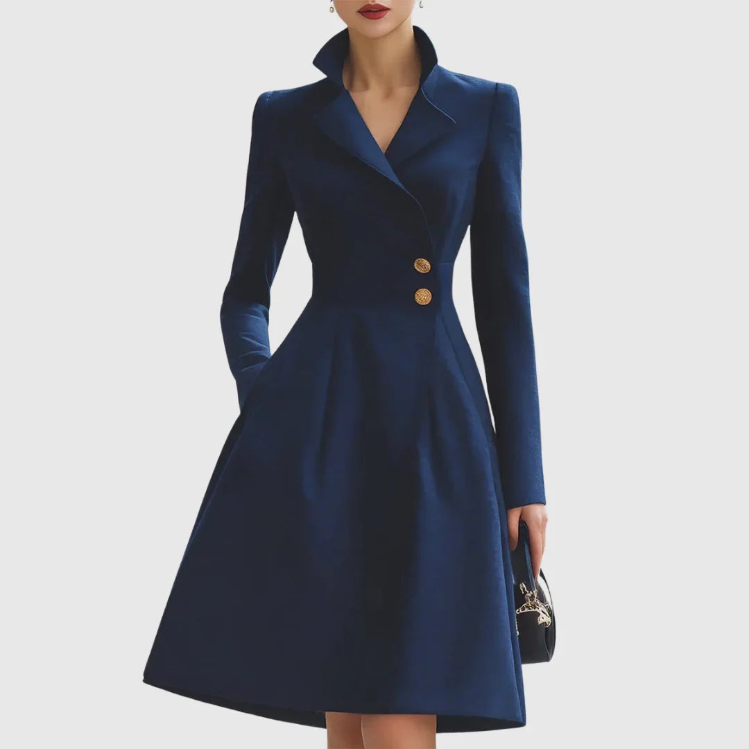 Women's navy tailored trench coat midi dress with V-neck and gold buttons