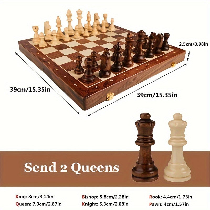 Wooden Chess Set with Folding Board Pieces and Interior Storage Slots Marble