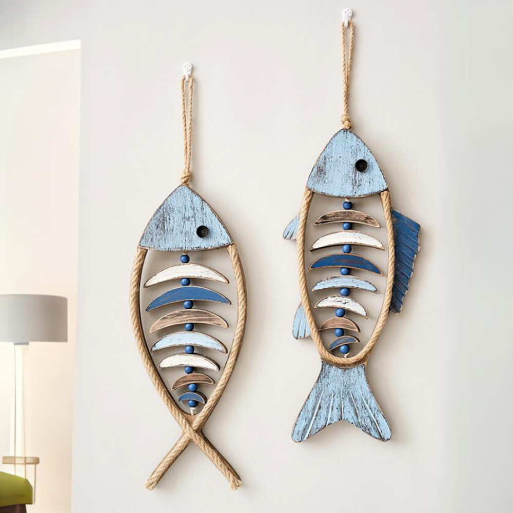 Wooden Fish Wall Art Decor with Rope Accents and Coastal Nautical Style
