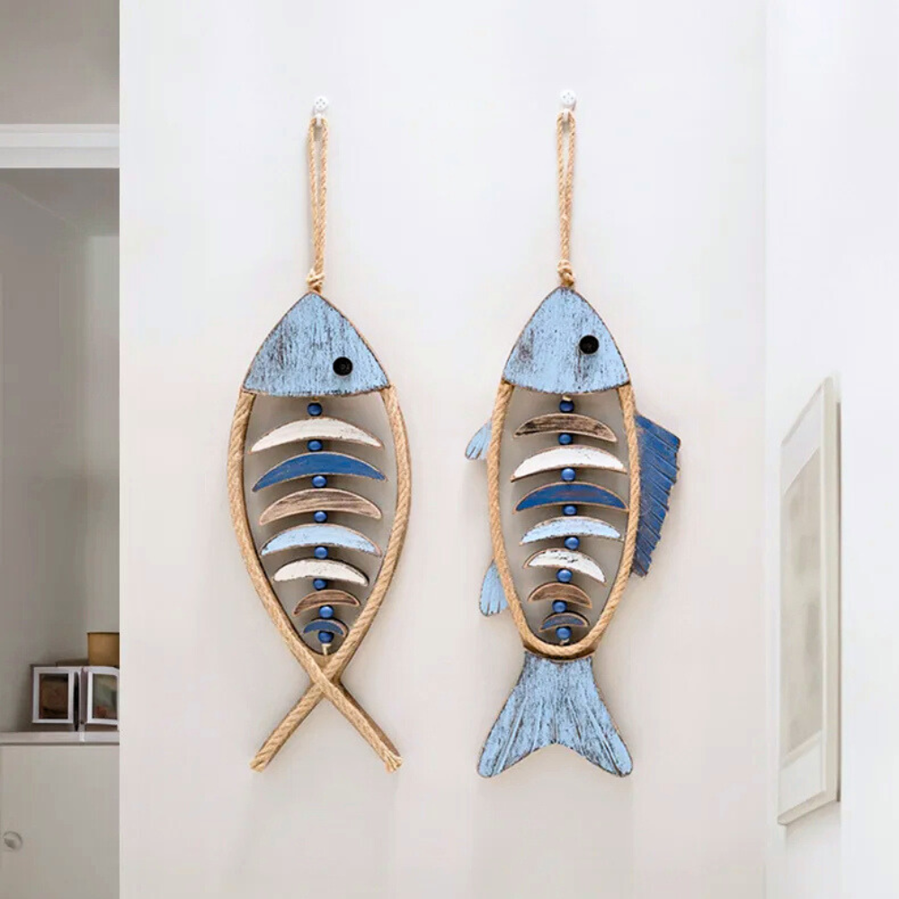 Wooden Fish Wall Art Decor with Rope Accents and Coastal Nautical Style